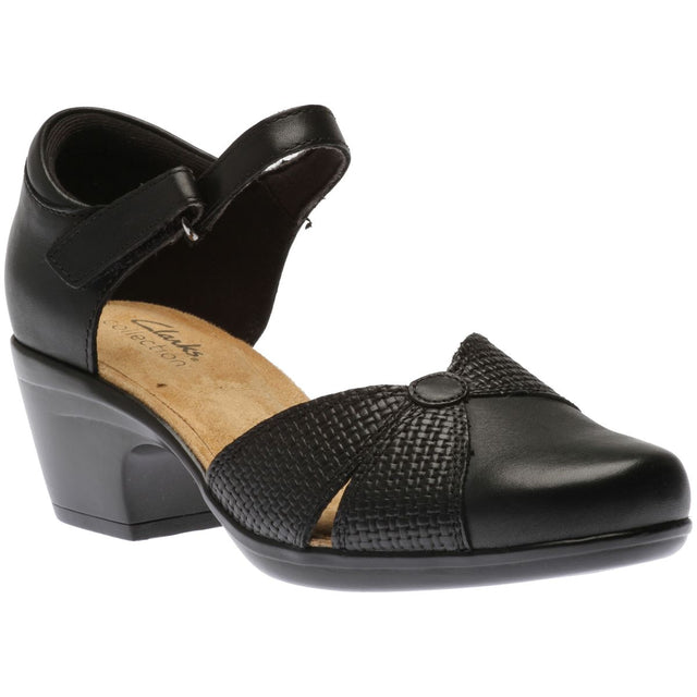 Women’s black leather pump with a block heel, woven texture detail, and an adjustable ankle strap. Style #26164678