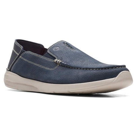 Blue slip-on shoe with white sole on a white background. Clarks Gorwin Step in Navy Nubuck. 
