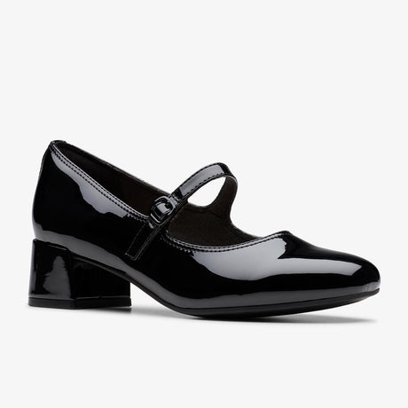 Clarks Women's Iridessa Rae in Black Patent Block Heel Shoe for all day comfort