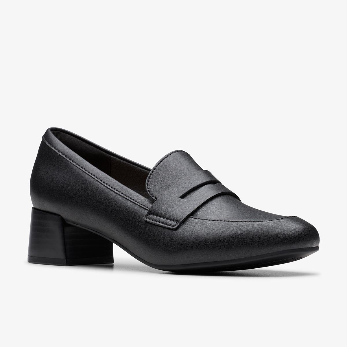 Black smooth leather women's loafer pump with saddle strap and low block heel. Style # 26184206.