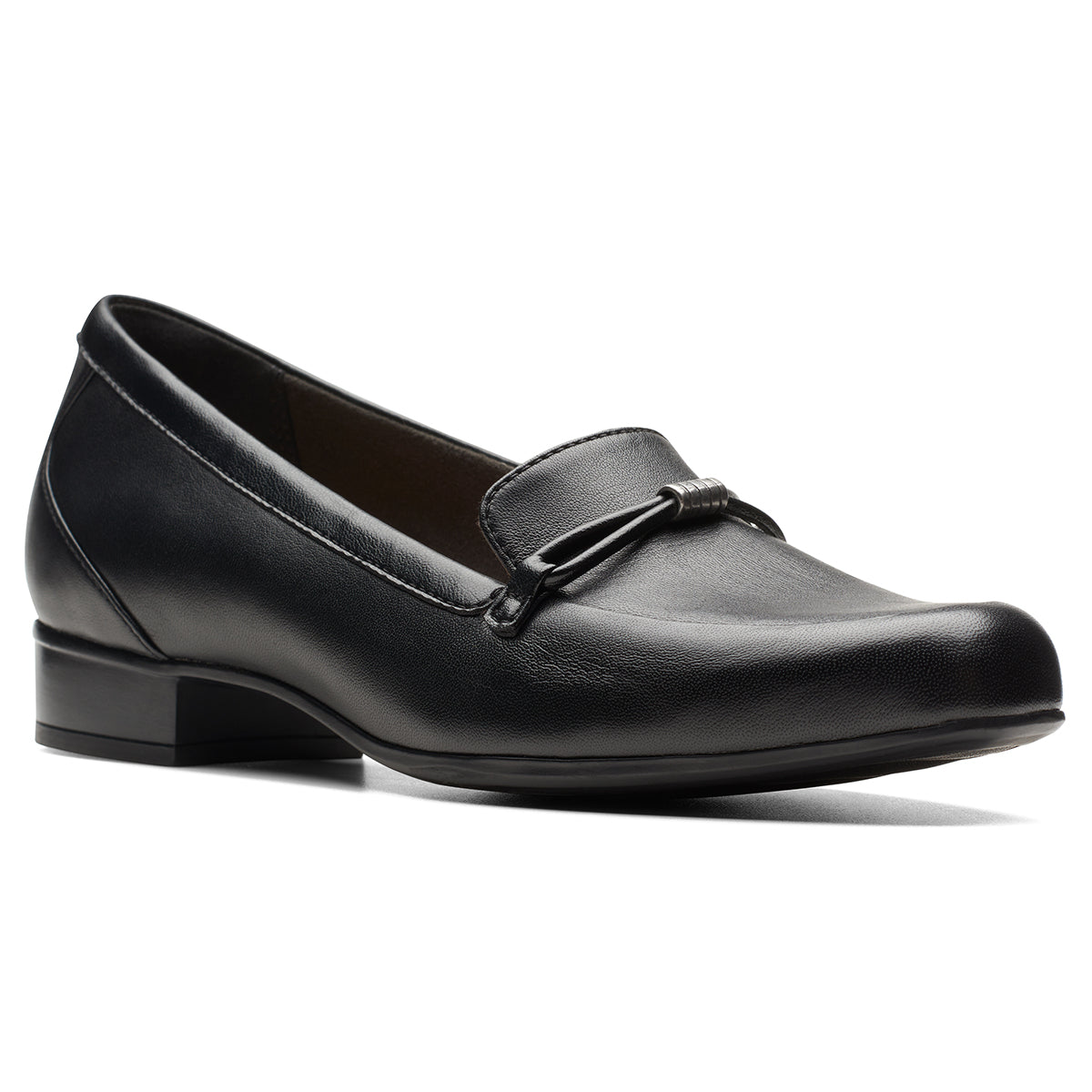 Clarks Juliet Shine Women's Loafers in Black. Leather Flats decorative strap. Style #26175180