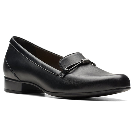 Clarks Juliet Shine Women's Loafers in Black. Leather Flats decorative strap. Style #26175180
