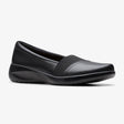 Black Clarks Kaetlyn Rhea women's comfort slip-on loafer with a low wedge heel and elastic band across the instep. 26184320