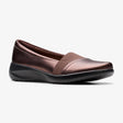 Clarks Kaetlyn Rhea bronze metallic loafer with a brown elastic band and a thick black wedge sole. Style: 26184321