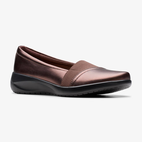 Clarks Kaetlyn Rhea bronze metallic loafer with a brown elastic band and a thick black wedge sole. Style: 26184321