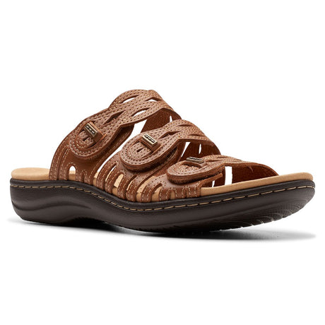 Women's tan leather slide sandal with three adjustable straps, decorative stitching, and dark brown sole. Style #26177349