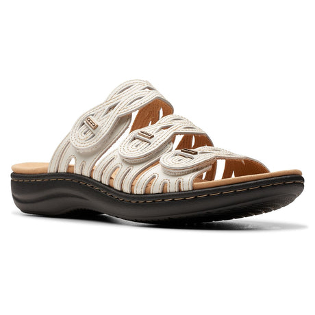 Women's off-white leather slide sandal with triple adjustable straps and a dark contoured sole. Style #26177347