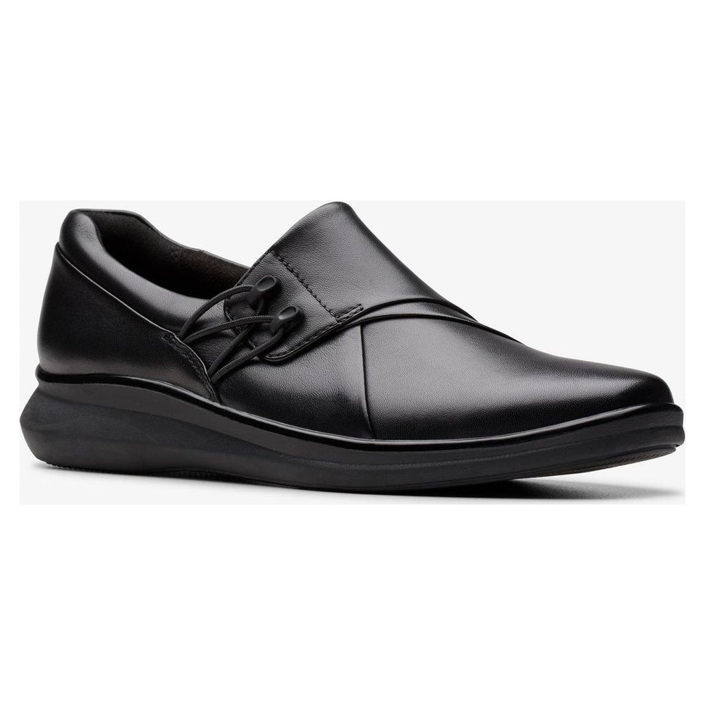 Women's black smooth leather comfort slip-on shoe with elastic bungee detail on the vamp and a subtle black wedge sole. Style # 26182971.