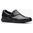 Women's black smooth leather comfort slip-on shoe with elastic bungee detail on the vamp and a subtle black wedge sole. Style # 26182971.