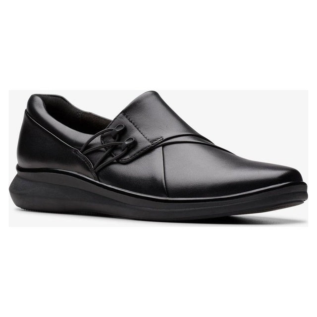 Women's black smooth leather comfort slip-on shoe with elastic bungee detail on the vamp and a subtle black wedge sole. Style # 26182971.