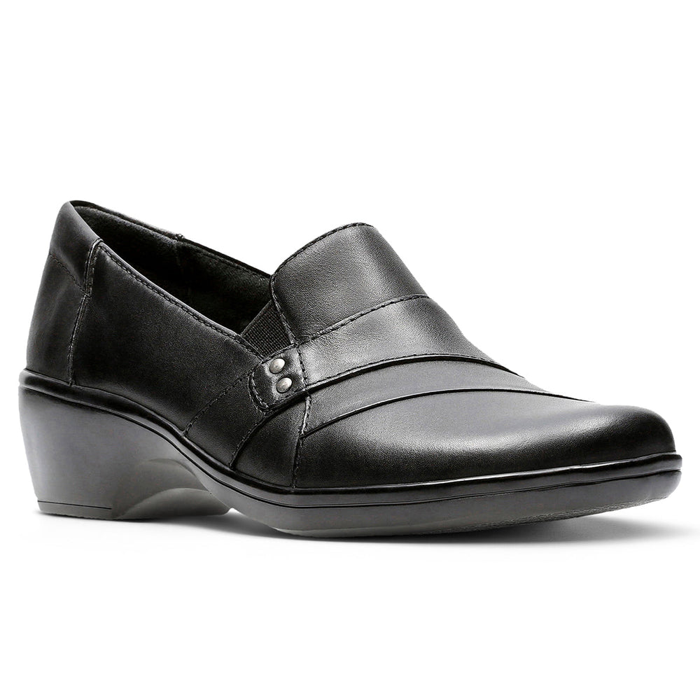 Clarks May Marigold women's leather shoe in black, featuring a slip-on design, cushioned insole, and sleek leather upper. Style #26062909