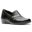 Clarks May Marigold women's leather shoe in black, featuring a slip-on design, cushioned insole, and sleek leather upper. Style #26062909