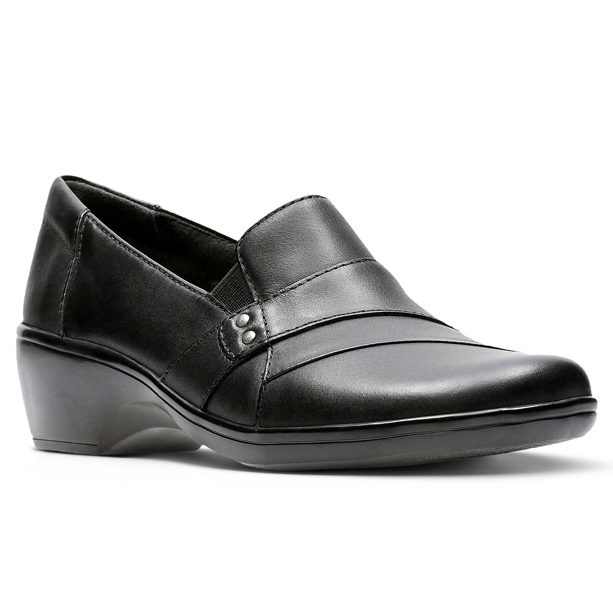 Clarks May Marigold women's leather shoe in black, featuring a slip-on design, cushioned insole, and sleek leather upper. Style #26062909