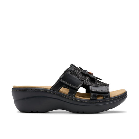 Clarks Merliah 2 Belle Women's Sandals in Black, Strappy wedge summer shoes, flower decoration. Style #26181718