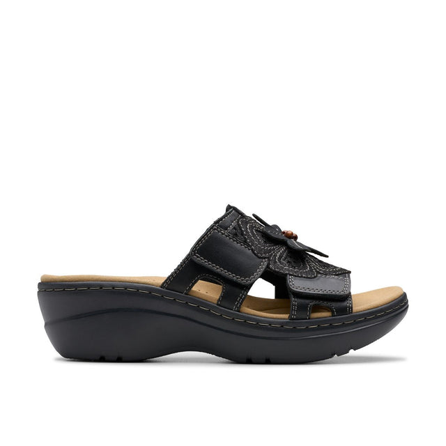 Clarks Merliah 2 Belle Women's Sandals in Black, Strappy wedge summer shoes, flower decoration. Style #26181718