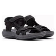 Black leather Clarks Mira Bay sandals with adjustable hook-and-loop straps and grey sole. 26171412.