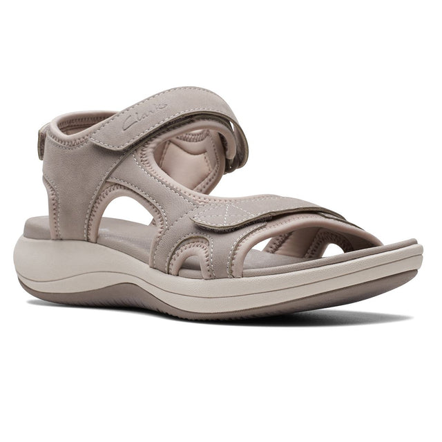 Women’s Clarks Mira Bay sandal in stone grey with adjustable velcro straps and a contoured platform sole. Style #26171413