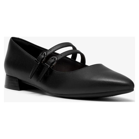 Black leather Mary Jane flat with double adjustable buckle straps, pointed toe, and low block heel. Style #26320212