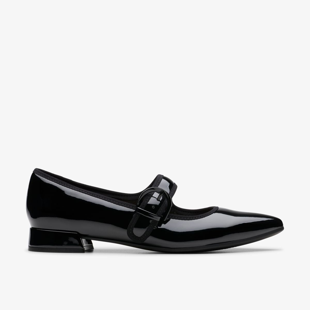 Clarks Natalyn Mary Jane Women's Flats in Black, strap and buckle closure, shiny reflective, Style #26180017