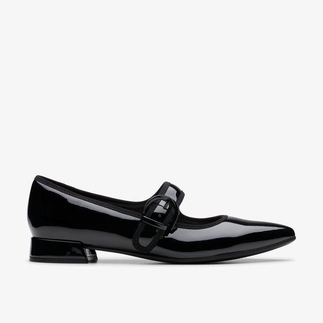 Clarks Natalyn Mary Jane Women's Flats in Black, strap and buckle closure, shiny reflective, Style #26180017