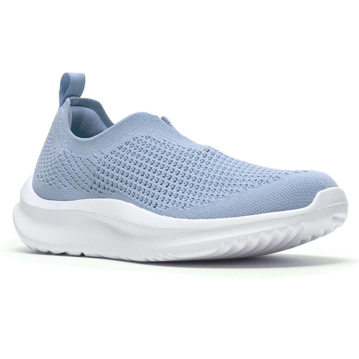 Women's light blue knit slip-on sneaker with a pull tab and thick white cushioned sole. Style #26187120