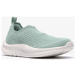 Women’s sage green slip-on knit sneaker with a textured mesh upper, heel pull tab, and thick white rubber sole. Style #26187124