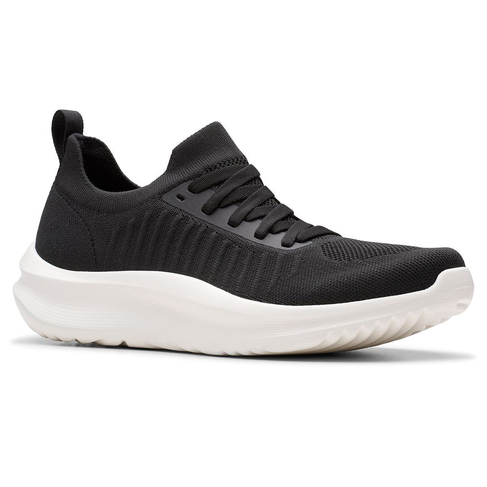Women's black knit lace-up sneaker with a flexible white cushioned sole and a heel pull tab. Style #26184281
