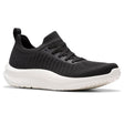 Women's black knit lace-up sneaker with a flexible white cushioned sole and a heel pull tab. Style #26184281