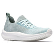 Light green knit lace-up women's sneaker with a thick white cushioned sole. Style #26187096
