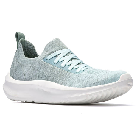 Light green knit lace-up women's sneaker with a thick white cushioned sole. Style #26187096