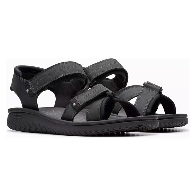Black leather Clarks Wesley Sun sandals with adjustable straps and textured sole. 26182010.