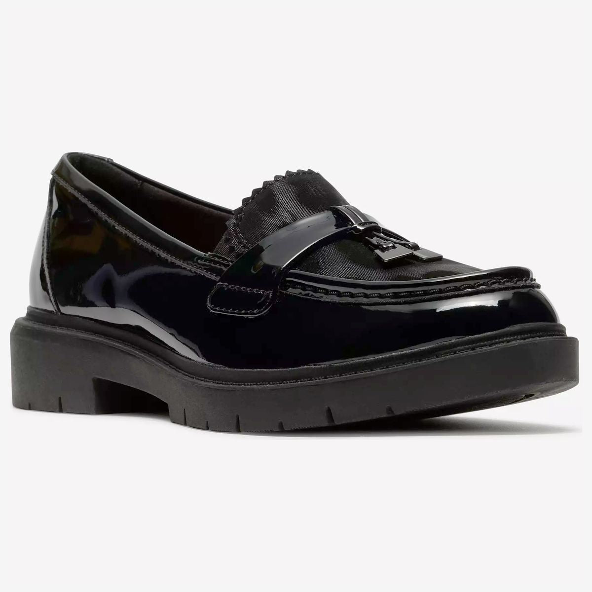 Clarks Westlynn Bella women's black patent leather slip-on loafer with chunky oversized sole and cushioned footbed.