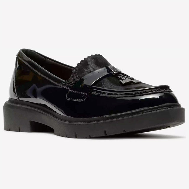 Clarks Westlynn Bella women's black patent leather slip-on loafer with chunky oversized sole and cushioned footbed.