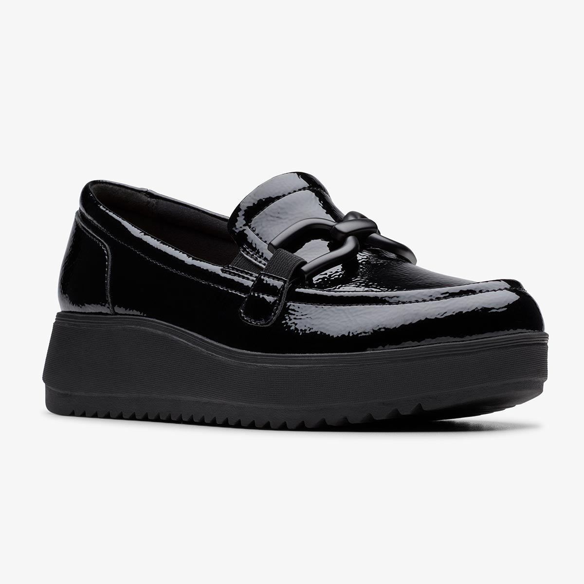 Clarks black patent leather platform loafer with a decorative knot detail on the vamp, style #26184334