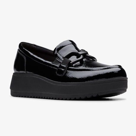 Clarks black patent leather platform loafer with a decorative knot detail on the vamp, style #26184334