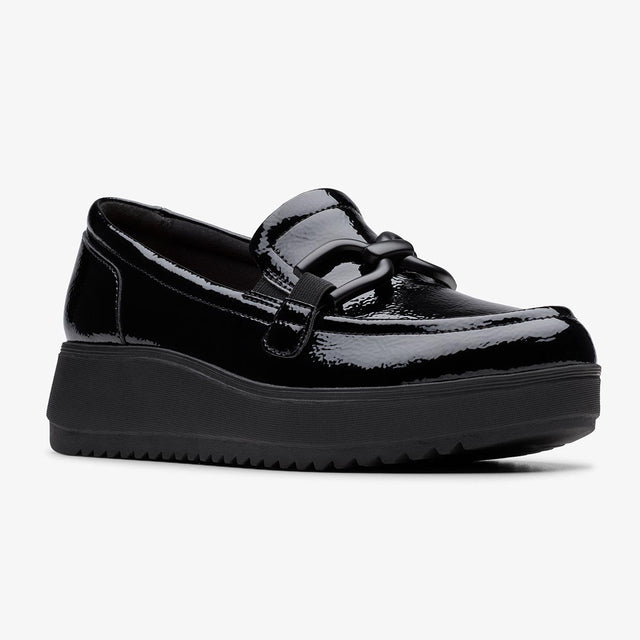 Clarks black patent leather platform loafer with a decorative knot detail on the vamp, style #26184334