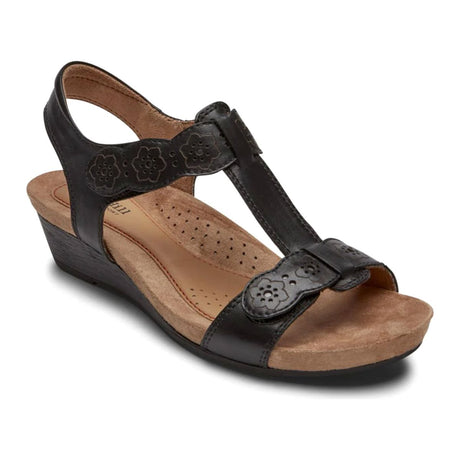 Black leather Cobb Hill T-strap sandal with floral cutouts and wedge heel. CI0192.