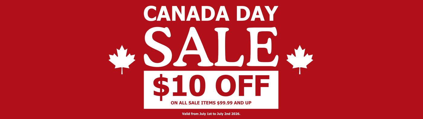 A red promotional banner with white text reading 'CANADA DAY SALE $10 OFF' and two white maple leaf icons on either side.