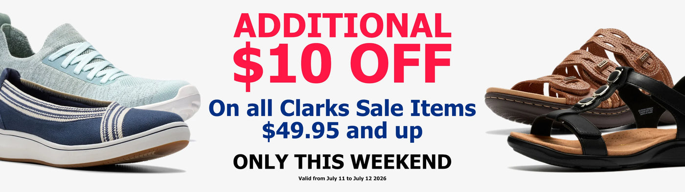 Promotional banner for Clarks sale items featuring a pair of light blue and navy sneakers on the left, large red and blue text reading 'ADDITIONAL $10 OFF On all Clarks Sale Items $49.95 and up ONLY THIS WEEKEND', and a pair of brown sandals on the right.