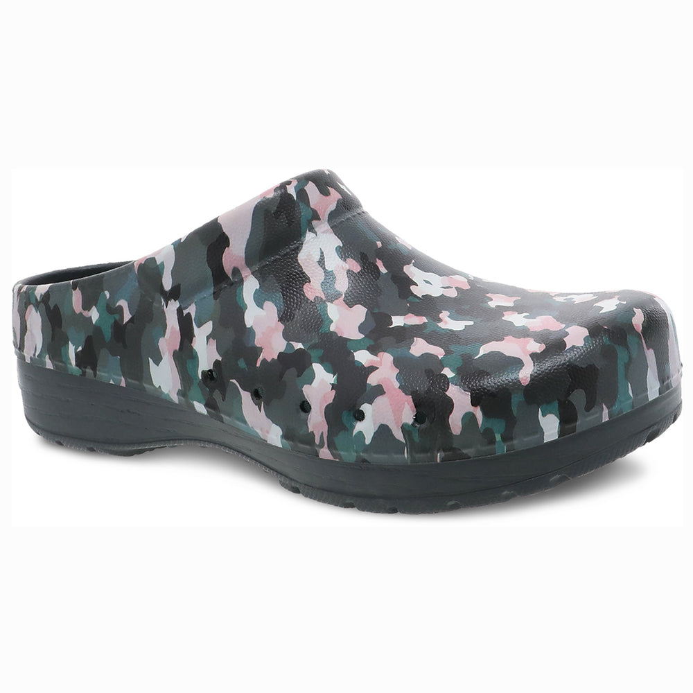 Dansko Women's Kane Clog in black, pink, and green camouflage print, product code 4145989400.
