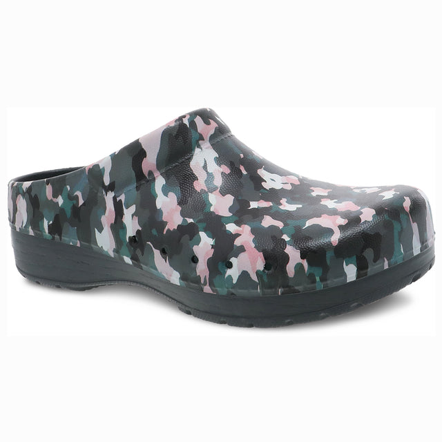 Dansko Women's Kane Clog in black, pink, and green camouflage print, product code 4145989400.