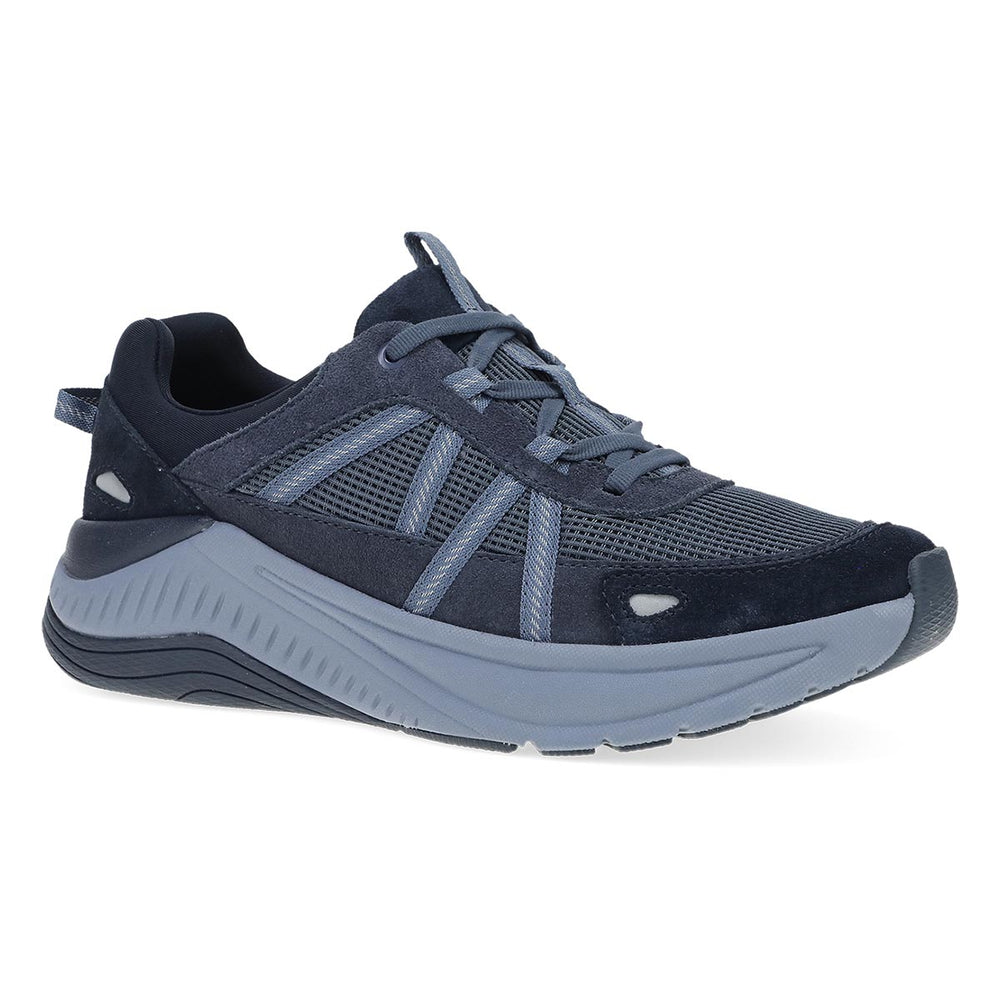 Navy blue Dansko Poppy women's walking sneaker with a thick gray sole and mesh upper, 4209297554