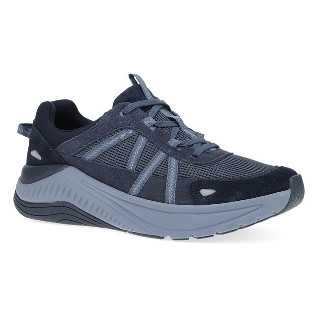 Navy blue Dansko Poppy women's walking sneaker with a thick gray sole and mesh upper, 4209297554