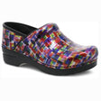 Women's Dansko Professional slip-on clog with glossy, multi-coloured abstract Colour Block patent leather upper and black rocker sole. Style #: 706-420202