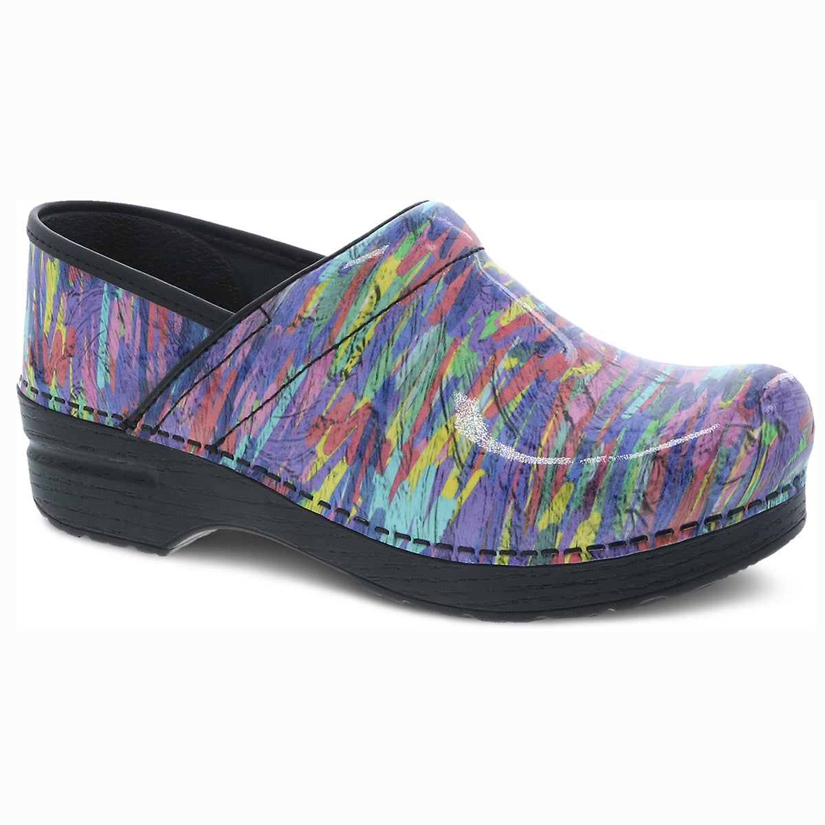 Women's Dansko Professional slip-on clog in vibrant, multi-coloured abstract marker print patent leather with black rocker sole. Style #706-110202