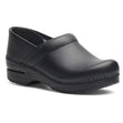 Dansko Professional 99020202 black leather wide clog with a padded collar and supportive rocker sole.