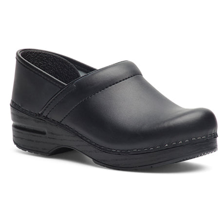 Dansko Professional 99020202 black leather wide clog with a padded collar and supportive rocker sole.