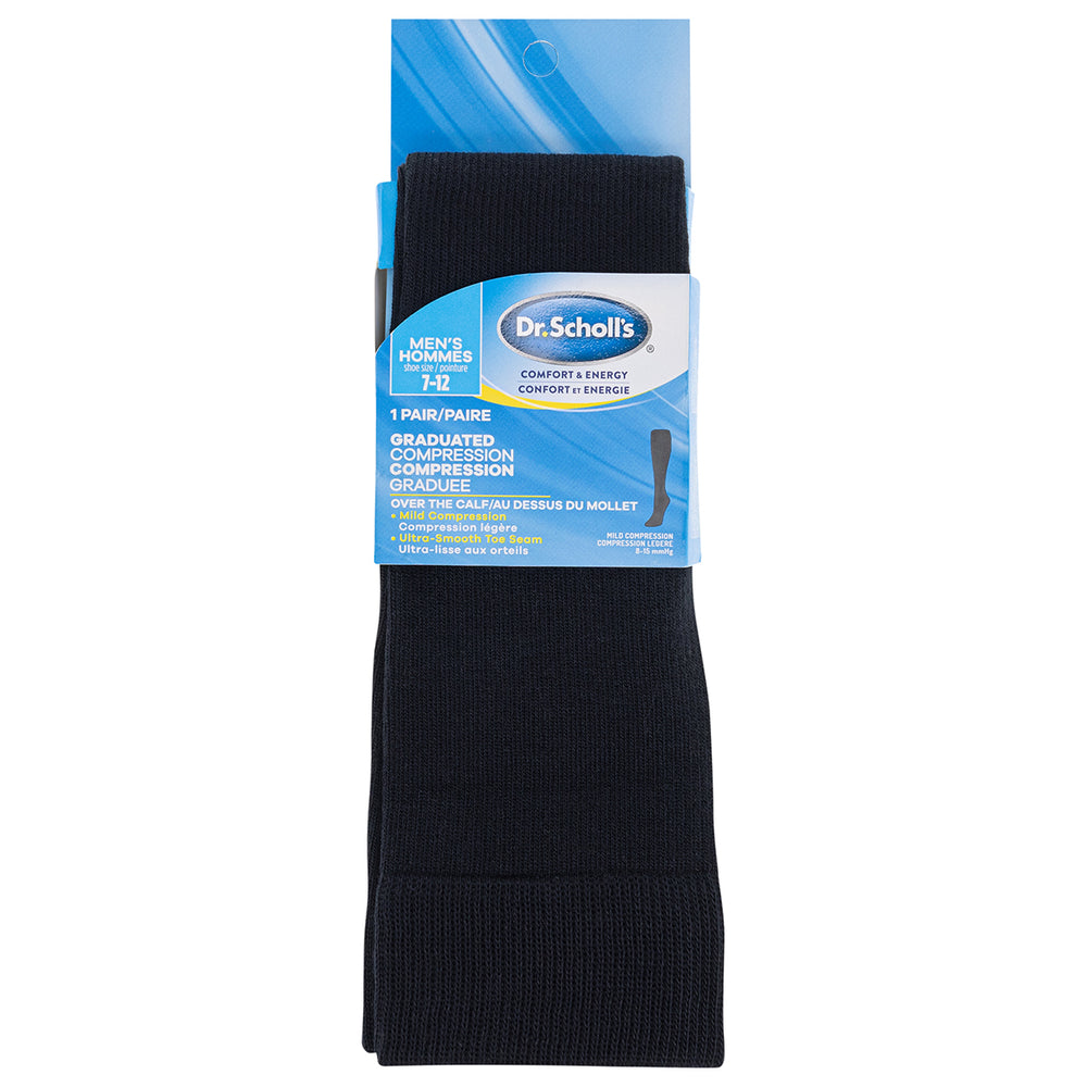 Packaged pair of black Dr. Scholl's Men's Graduated Compression Over The Calf Socks, DSM2228601.