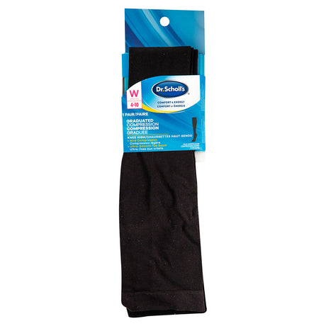 Packaged pair of black Dr. Scholl's Women's Graduated Compression Knee High socks, DSW22002K1.