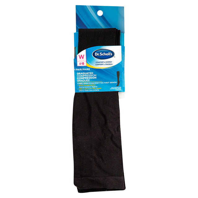 Packaged pair of black Dr. Scholl's Women's Graduated Compression Knee High socks, DSW22002K1.